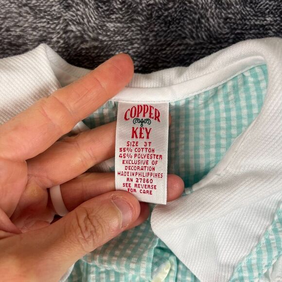 Vtg Copper Key Gingham Seersucker Peter Pan Collar Romper Girls 3T Floral - Picture 3 of 9